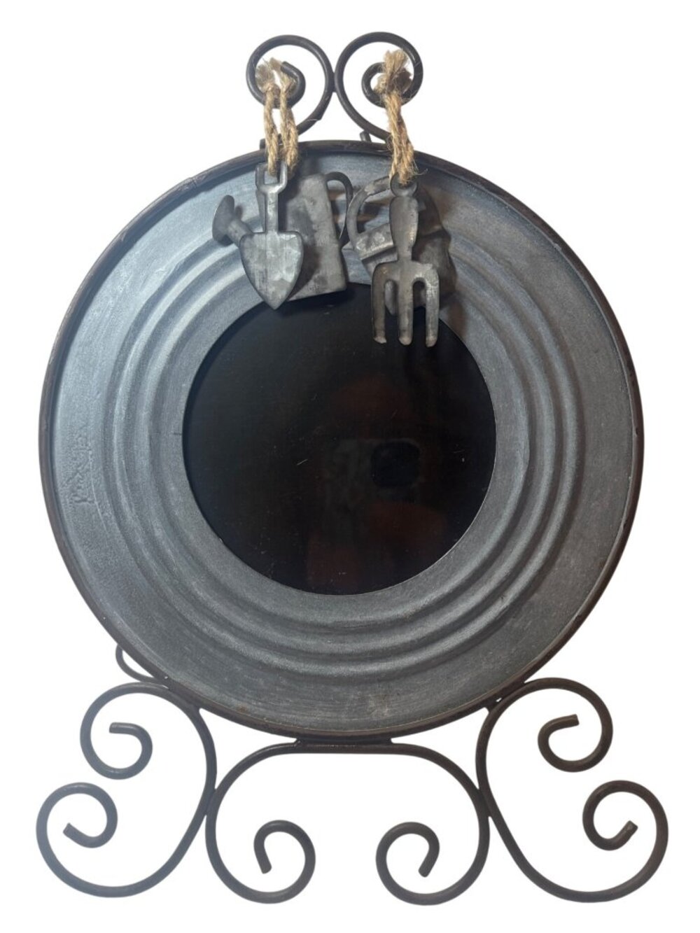 Rustic Metal Frame With Gardening Charm Accents And Decorative Scroll Stand
